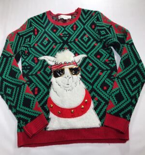 Jolly Sweaters Ugly Christmas Sweater Cool Llama Size Medium Green Red Black